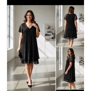 R&M Richards Black Sparkle Chiffon Dress Layered Sheer Womens Size 16